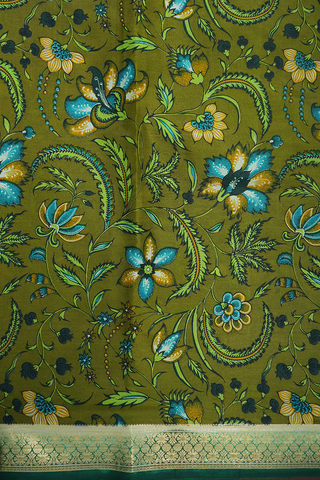 Allover Floral Design Fern Green Printed Silk Saree