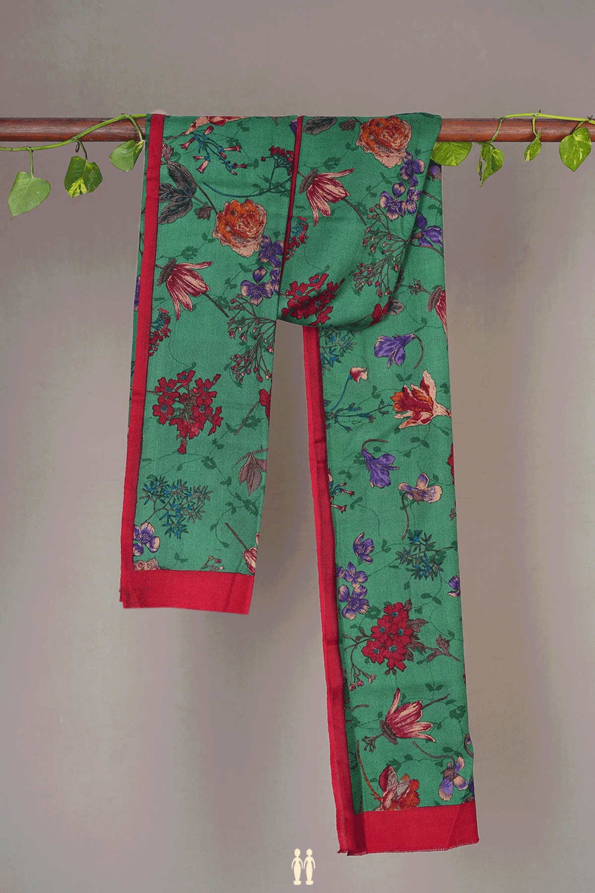 Allover Floral Design Green Woolen Shawl