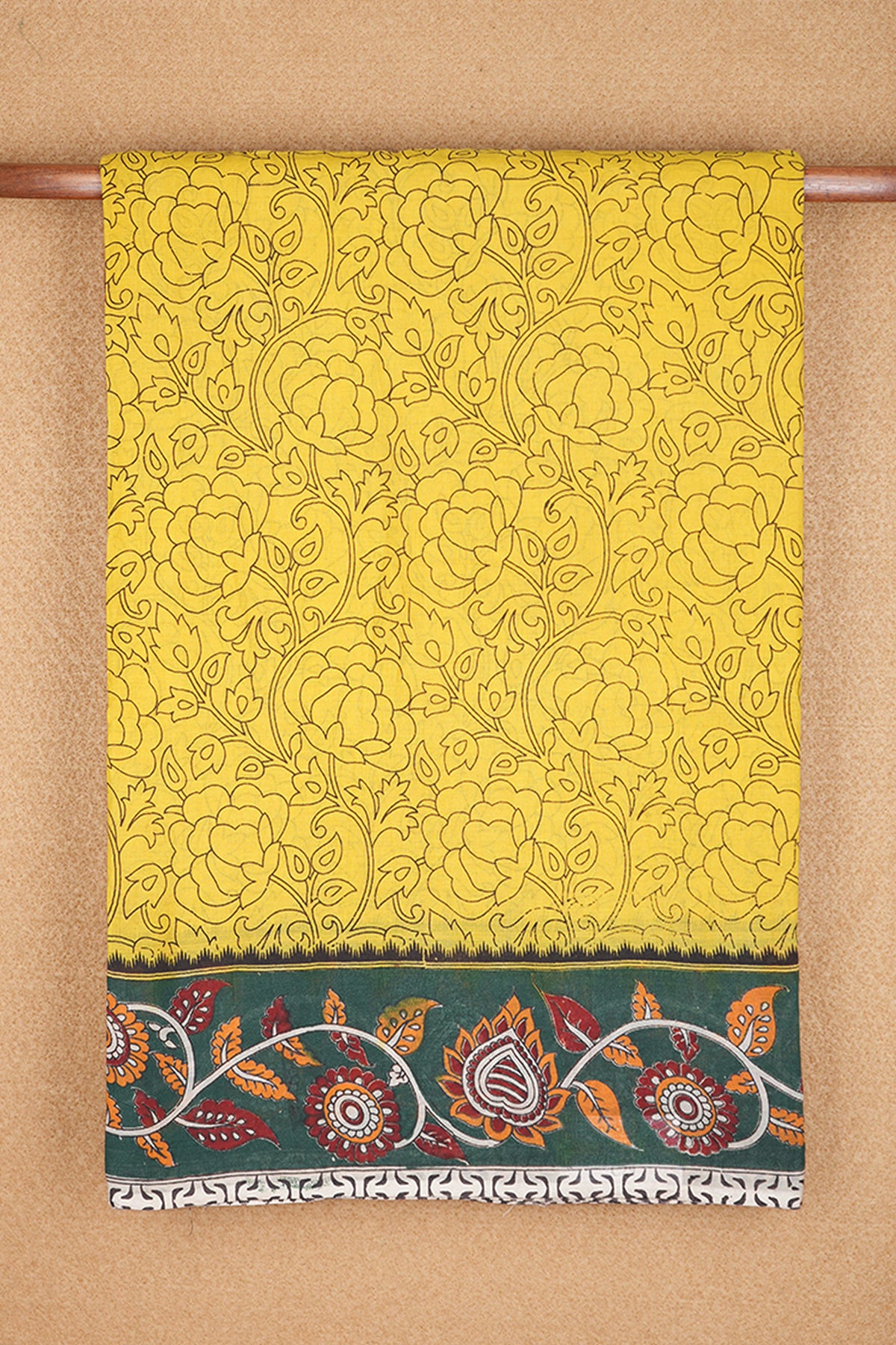 Allover Floral Design Lemon Yellow Printed Kalamkari Cotton Saree