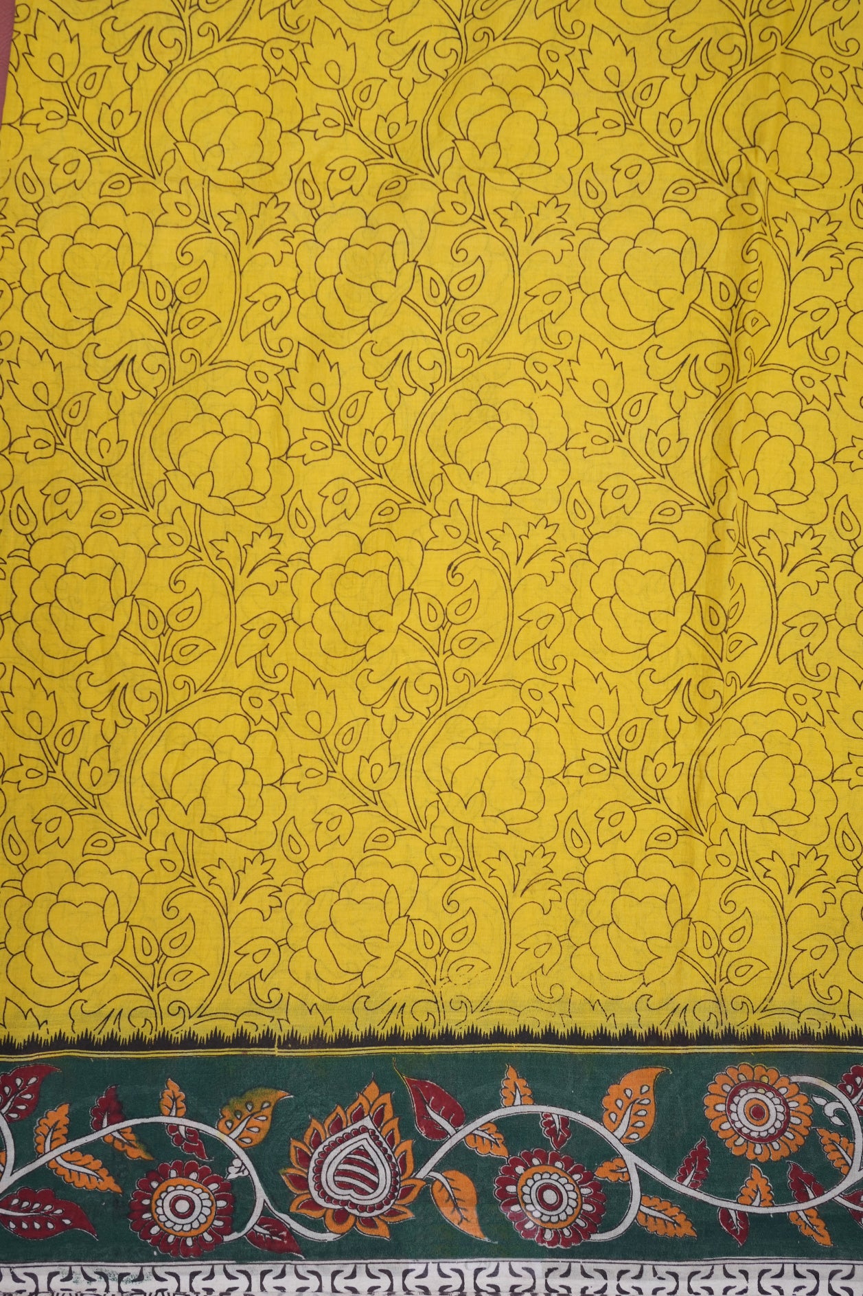 Allover Floral Design Lemon Yellow Printed Kalamkari Cotton Saree