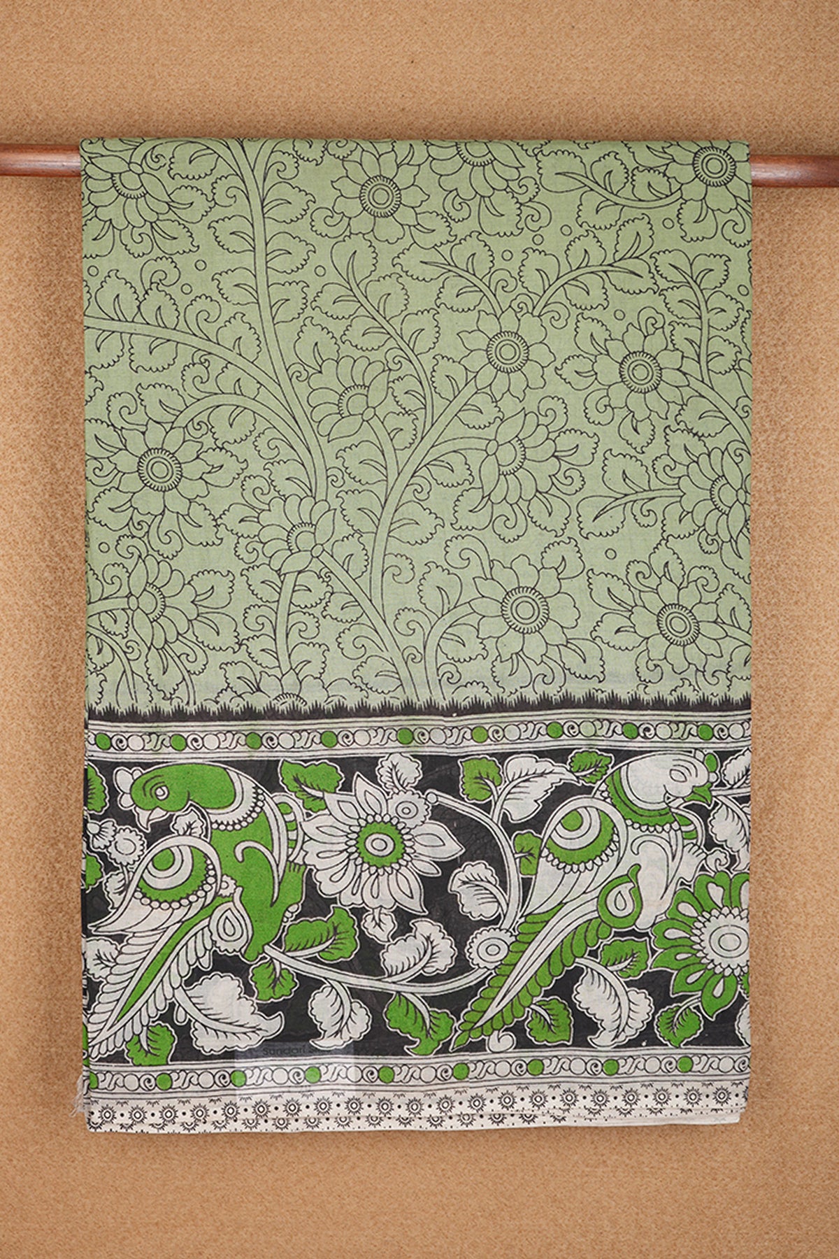 Allover Floral Design Light Sage Green Printed Kalamkari Cotton Saree