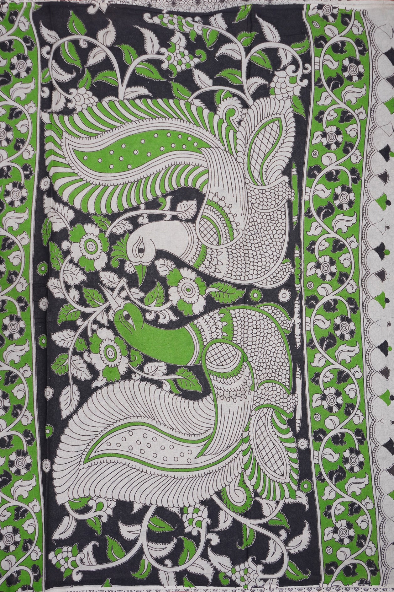Allover Floral Design Light Sage Green Printed Kalamkari Cotton Saree