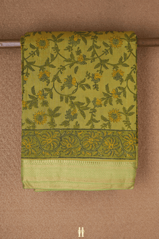 Allover Floral Design Mehendi Green Printed Cotton Saree