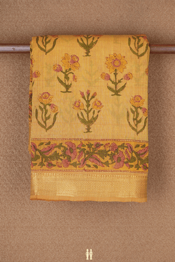Allover Floral Design Mellow Yellow Printed Cotton Saree