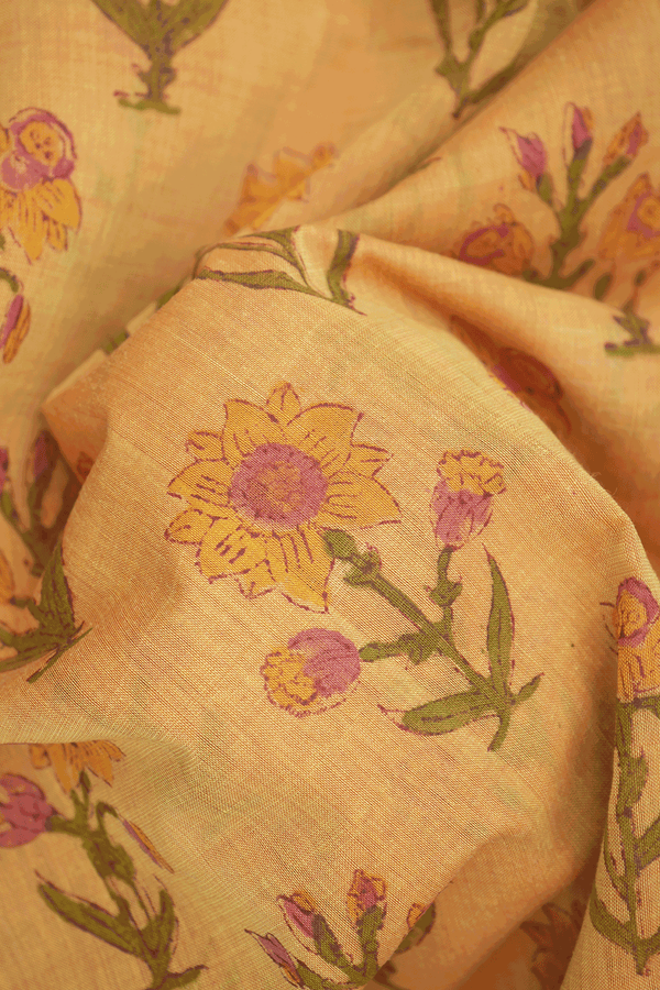 Allover Floral Design Mellow Yellow Printed Cotton Saree