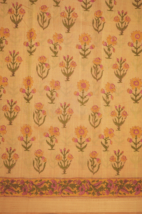 Allover Floral Design Mellow Yellow Printed Cotton Saree