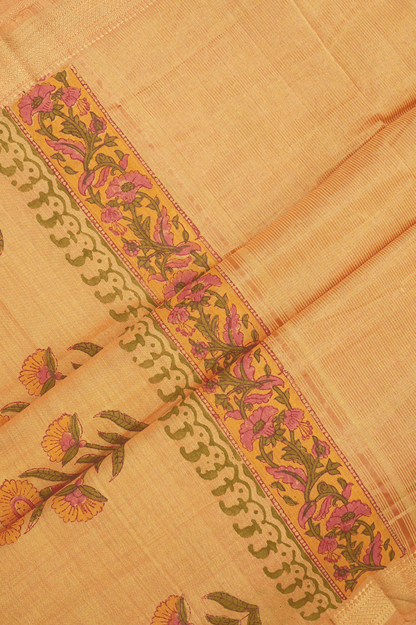 Allover Floral Design Mellow Yellow Printed Cotton Saree