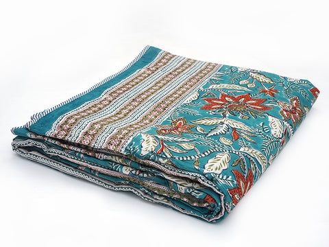 Allover Floral Design Turkish Blue Double Cotton Quilt