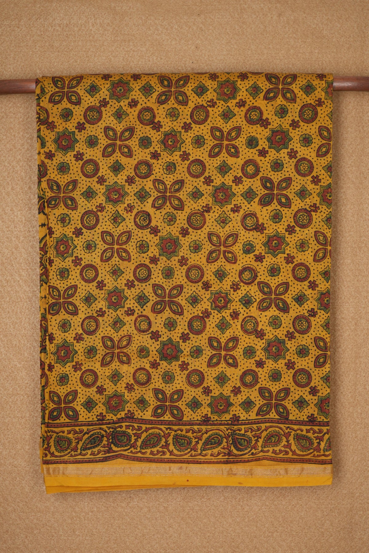 Allover Floral Design Mustard Yellow Ajrakh Cotton Saree