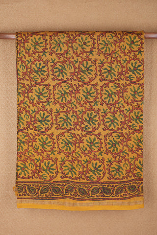 Allover Floral Design Mustard Yellow Ajrakh Printed Chanderi Cotton Saree