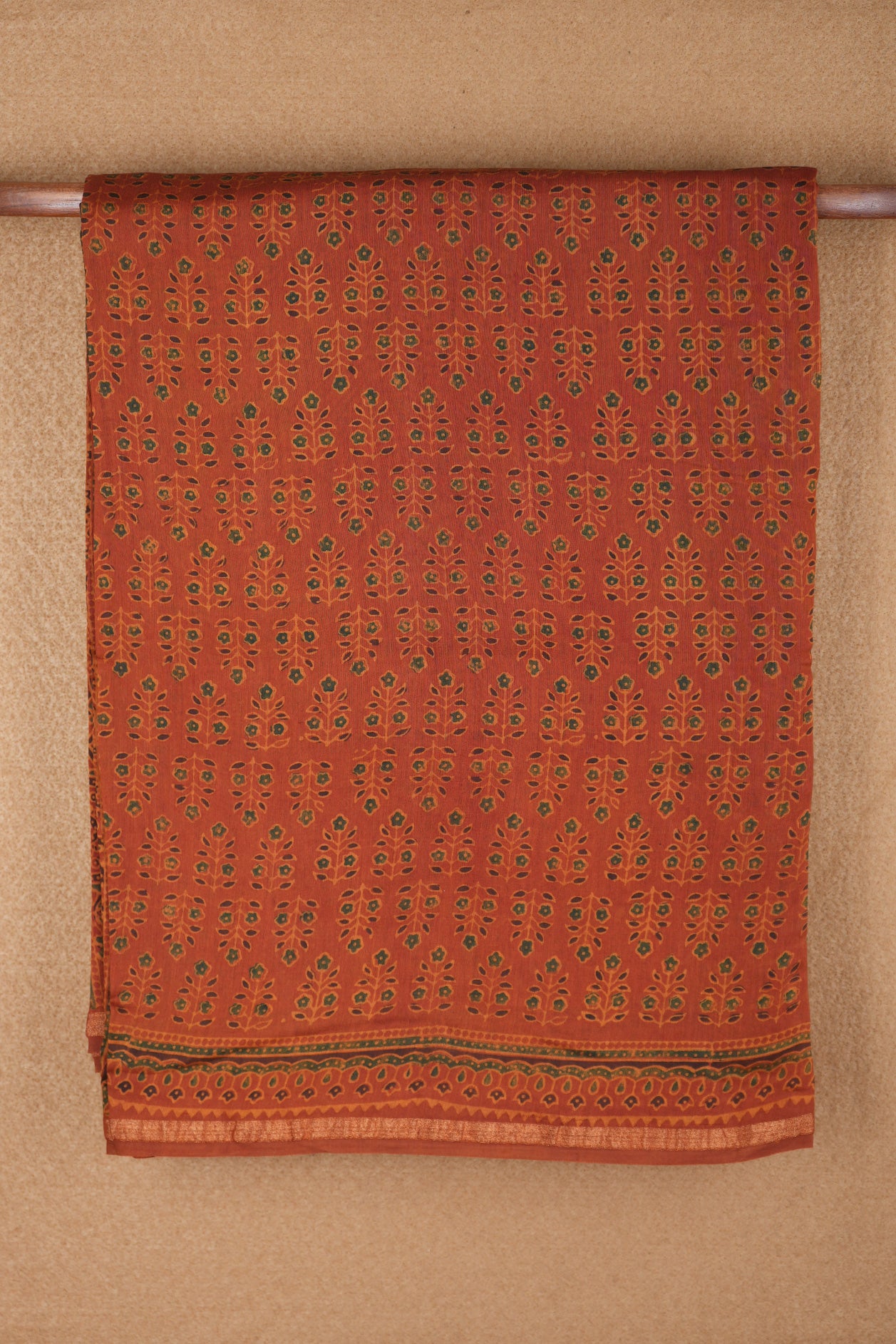 Allover Floral Design Burnt Orange Ajrakh Printed Chanderi Cotton Saree