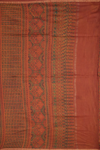 Allover Floral Design Burnt Orange Ajrakh Printed Chanderi Cotton Saree
