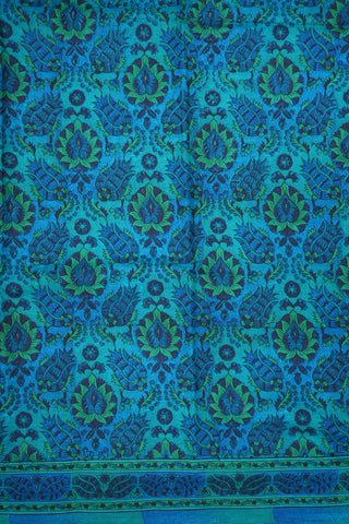 Allover Floral Design Peacock Blue Printed Silk Saree