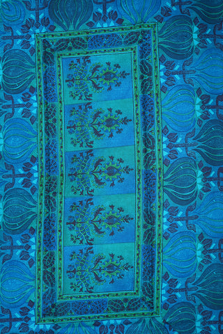 Allover Floral Design Peacock Blue Printed Silk Saree