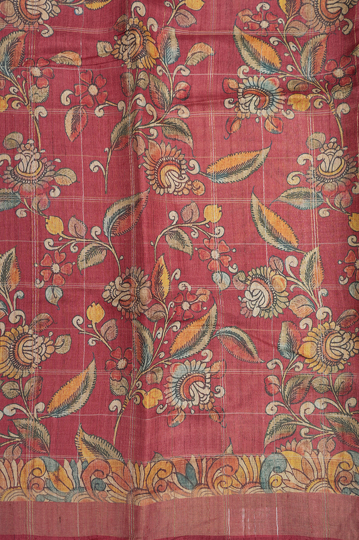 Allover Floral Design Printed Crimson Red Tussar Silk Saree