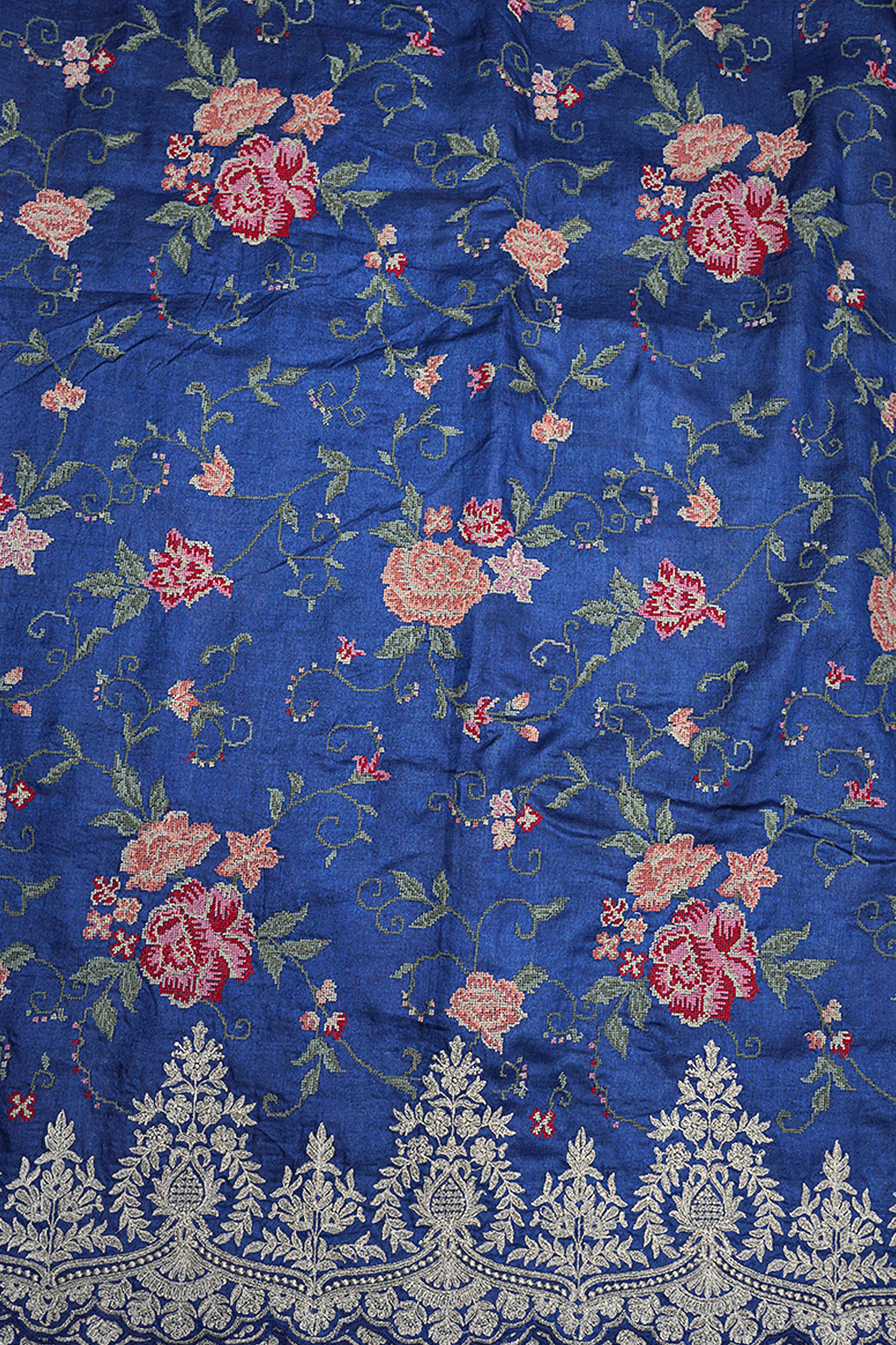 Allover Floral Design Prussian Blue Tussar Silk Saree