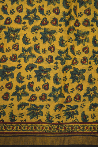 Allover Floral Design Royal Yellow Ajrakh Printed Linen Saree