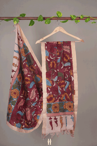 Allover Floral Design Rust Red Kalamkari Cotton Dupatta