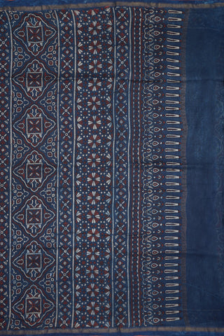 Allover Floral Design Space Blue Ajrakh Printed Chanderi Cotton Saree