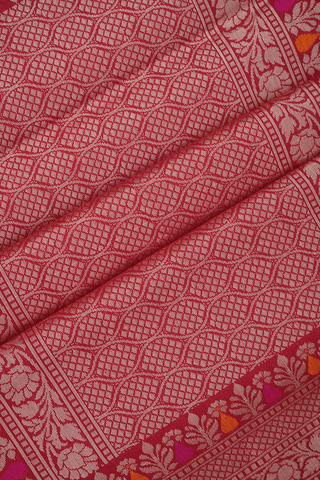 Floral Jaal Design Crimson Red Tussar Banarasi Silk Saree