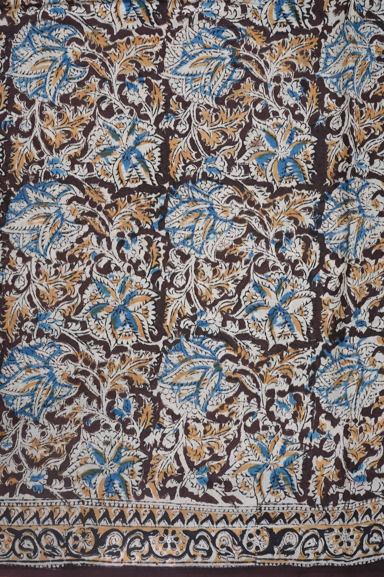 Allover Floral Motifs Brown Printed Kalamkari Cotton Saree