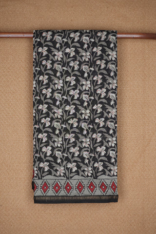 Allover Floral Printed Black Chanderi Silk Cotton Saree