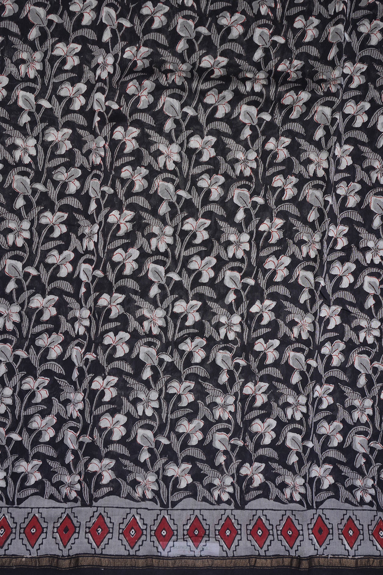Allover Floral Printed Black Chanderi Silk Cotton Saree