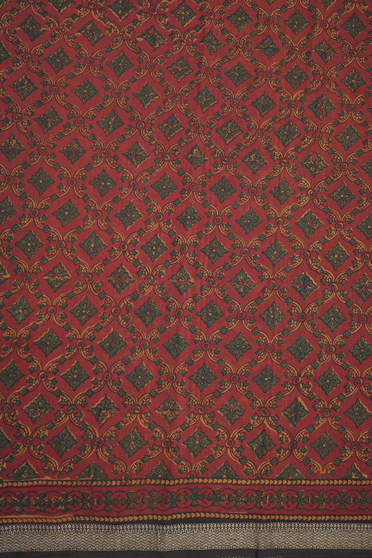 Allover Floral Printed Brick Red Ajrakh Cotton Saree