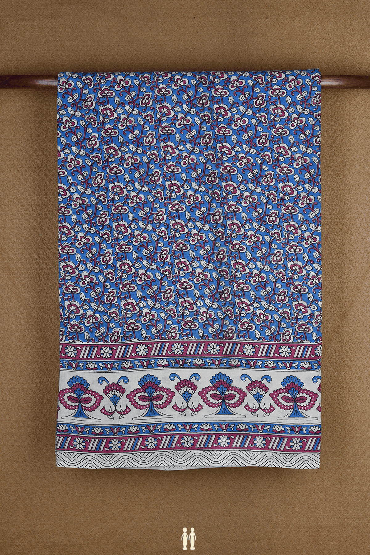 Allover Floral Printed Design Sky Blue Kalamkari Cotton Saree