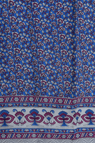 Allover Floral Printed Design Sky Blue Kalamkari Cotton Saree