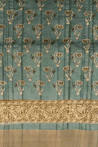 Allover Floral Printed Dusty Green Semi Tussar Silk Saree