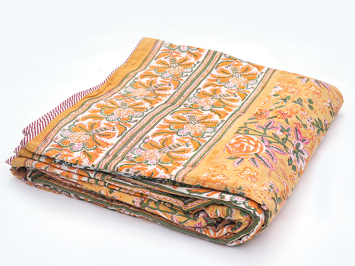 Allover Floral Printed Mellow Yellow Cotton Double Quilt