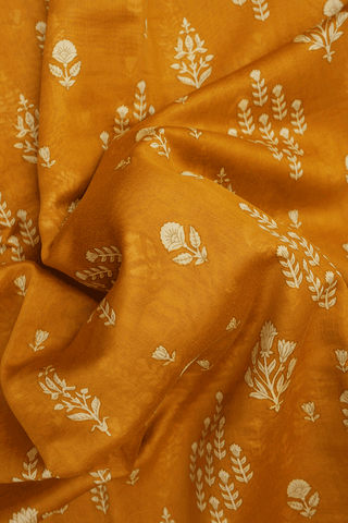 Allover Floral Printed Ochre Orange Chanderi Cotton Saree