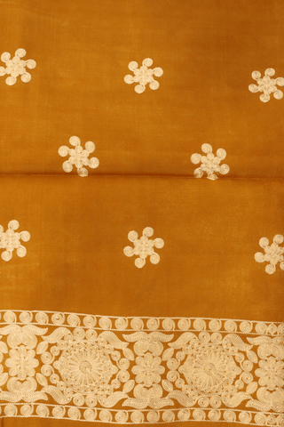 Allover Floral Printed Ochre Orange Semi Tussar Silk Saree