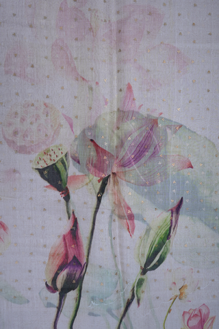 Allover Floral Printed Off White Linen Saree