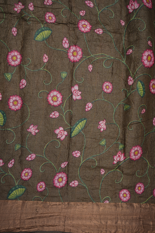 Allover Floral Printed Olive Brown Bandhani Silk Saree