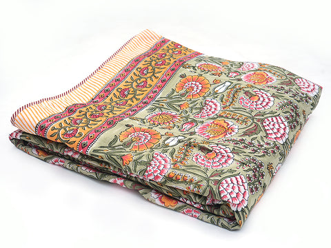 Allover Floral Printed Pastel Green Cotton Double Quilt
