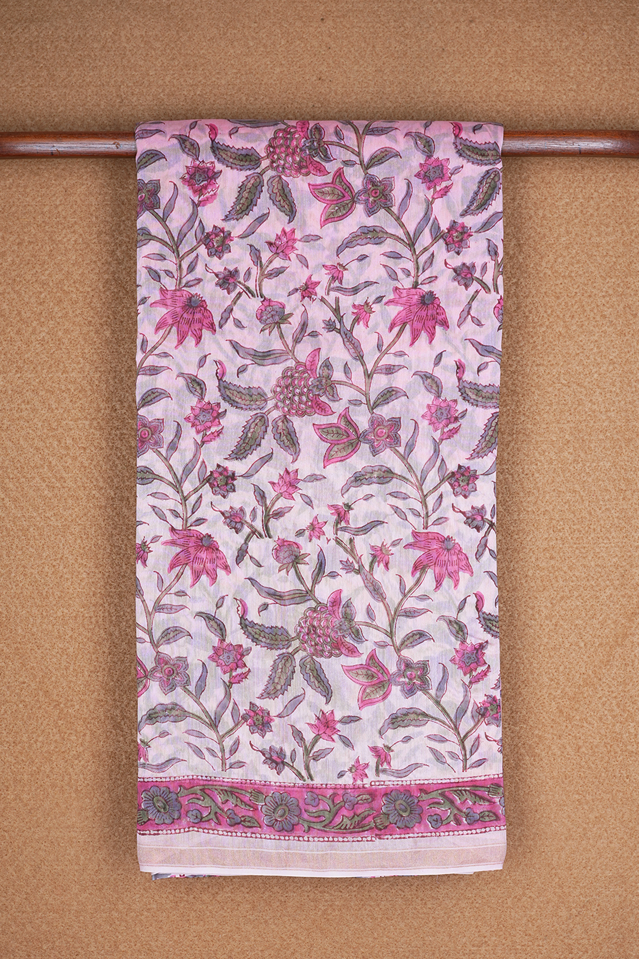 Allover Floral Printed Pastel Pink Chanderi Cotton Saree