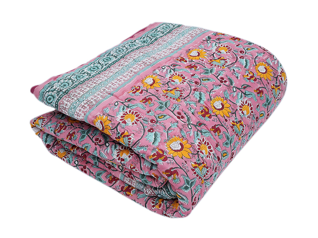 Allover Floral Printed Pink Cotton Double Quilt