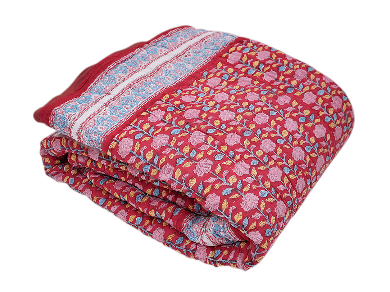 Allover Floral Printed Ruby Red Cotton Queen Quilt