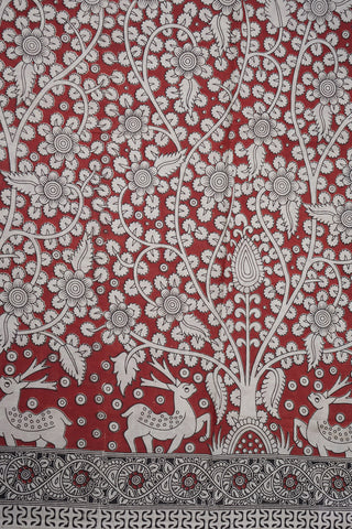Allover Floral Printed Rust Red Kalamkari Cotton Saree