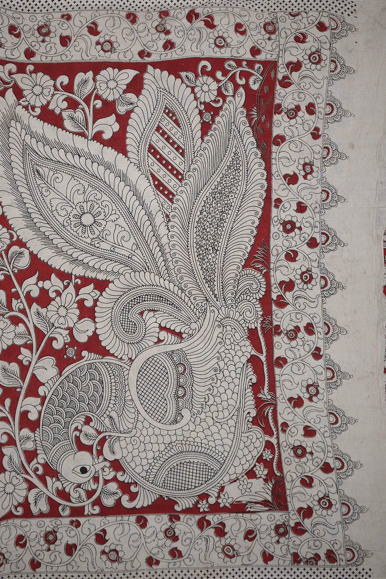 Allover Floral Printed Rust Red Kalamkari Cotton Saree