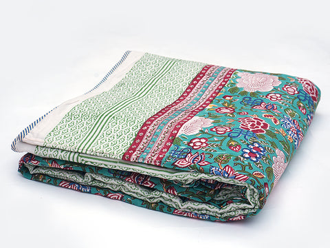 Allover Floral Printed Turkish Blue Cotton Double Quilt