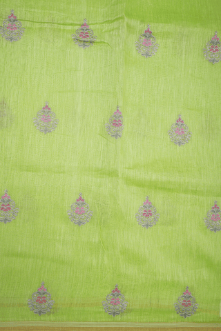 Floral Embroidered Motifs Lime Green Linen Saree