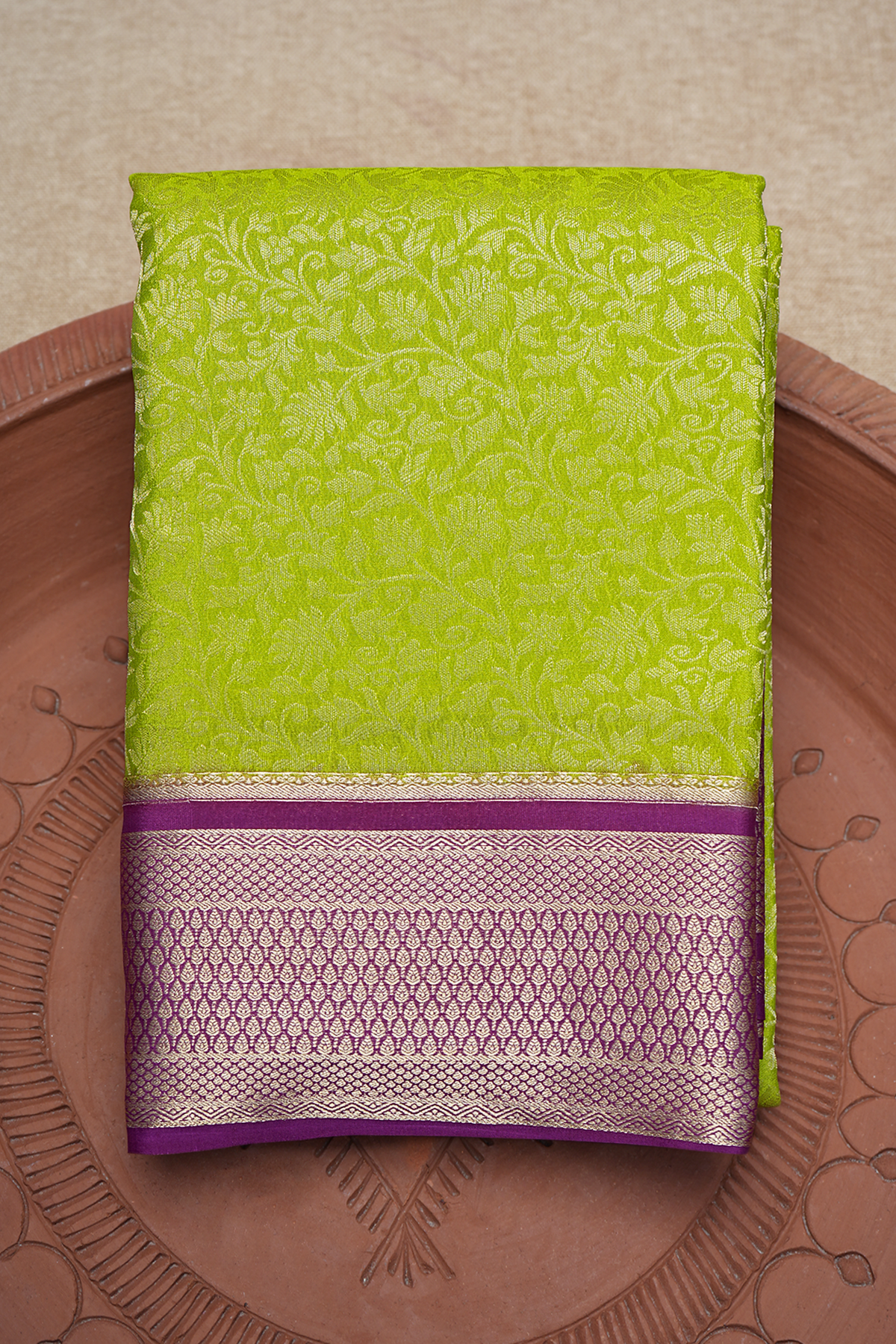 Allover Floral Zari Design Lime Green Mysore Silk Saree