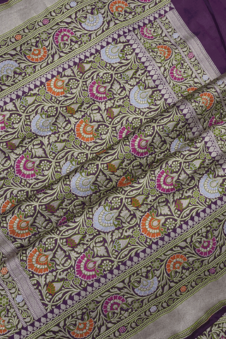 Allover Floral Zari Design Regal Purple Banarasi Silk Saree