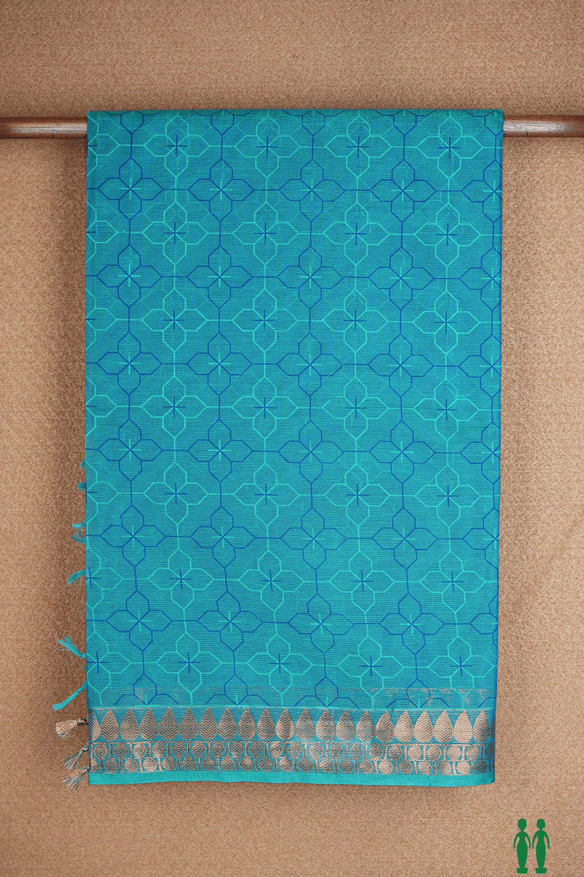 Allover Geometric Design Peacock Blue Printed Cotton Saree