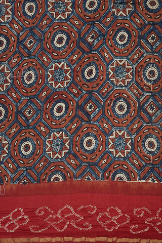 Allover Geometric Pattern Multicolor Ajrakh printed Bandhani Cotton Saree