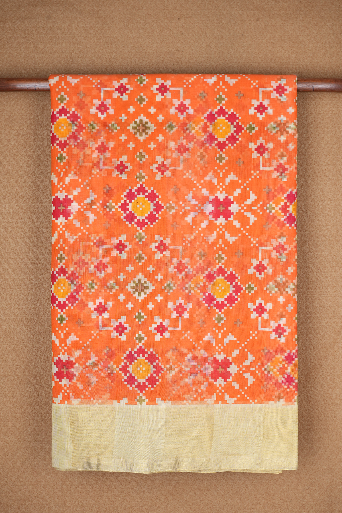 Geometric Printed Orange Chanderi Cotton Saree