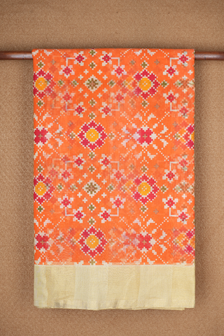 Geometric Printed Orange Chanderi Cotton Saree
